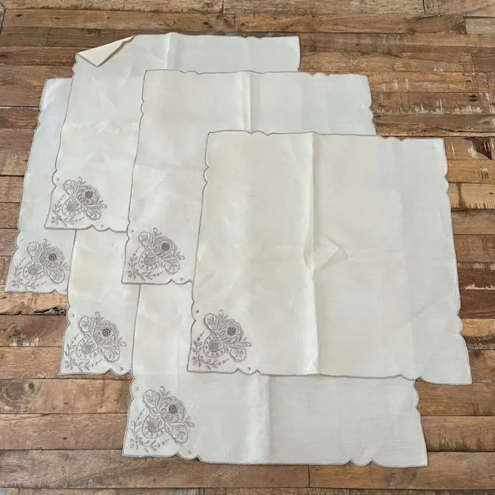 Vintage Linen Embroidered Napkin Set of 6 17 x 17 in Notched Corner Floral Taupe